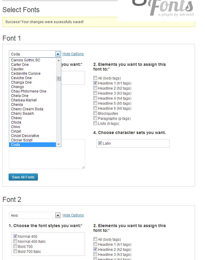 Choosing the settings for WP Google Fonts